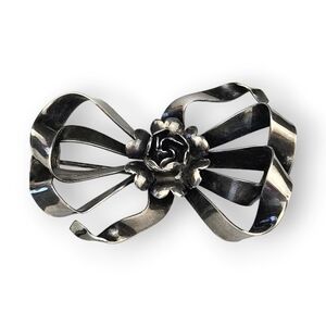 Vintage Rose Bow Brooch Sterling Modernist MCM Flower Floral 925 Silver 2.25"